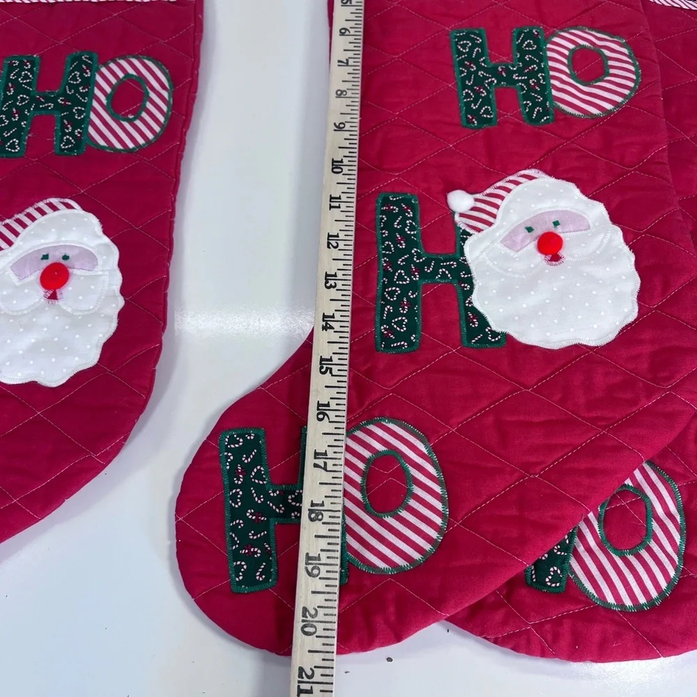 3 Large Ho Ho Ho Christmas Stocking Quilted Applique Santa Red Vintage‎ U.S.A